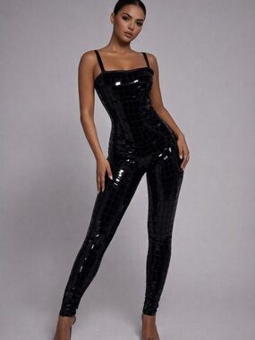 AKIRA Black Patent Bodycon Bodysuit Jumpsuit S M NWT Sexy Clubwear”